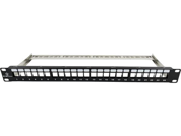 Patchpanel tomt 19" modulært 24 porte 1U med support, uudstyret Alante