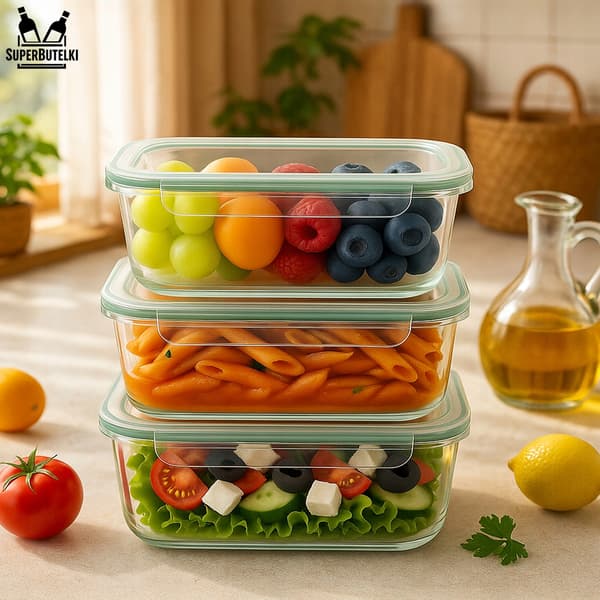 Set - 3x Rektangulära glasbehållare (3x 640 ml)