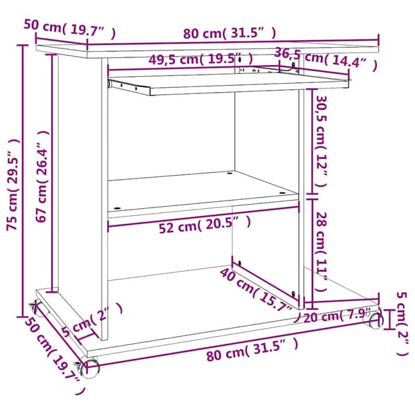 vidaXL computerbord, Sonoma eg, 80x50x75 cm, spånplade