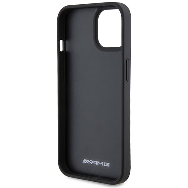 AMG lædercover med prægede linjer og sort logo til iPhone 15 Plus, sort