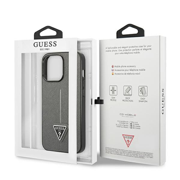 Guess Saffiano Triangle Logo-cover til iPhone 14 Pro Max, sølv