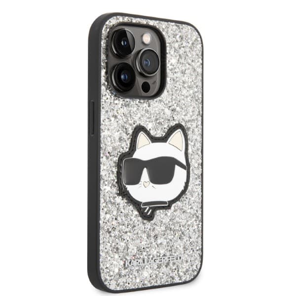 Karl Lagerfeld Glitter Choupette Patch-etui til iPhone 14 Pro Max, sølv