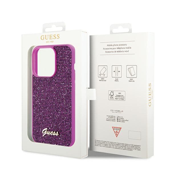 Guess Disco Metal Script-etui til iPhone 14 Pro Max, Fuchsia/Fuchsia
