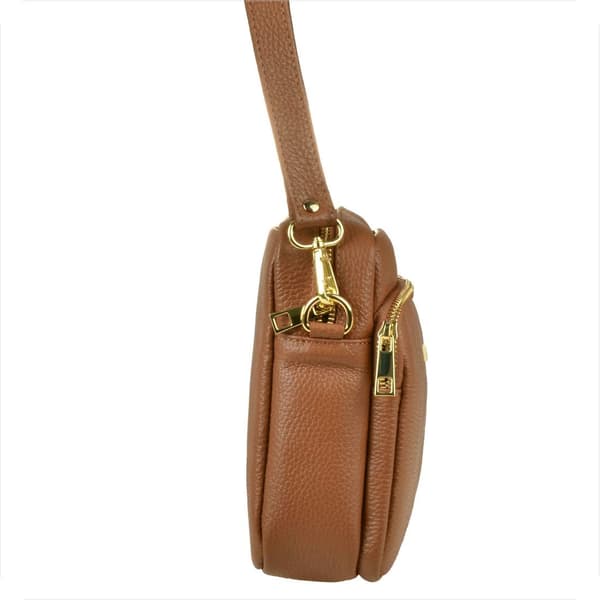 Moderne læder messenger taske, kamelbrun, gulddetaljer, vezze