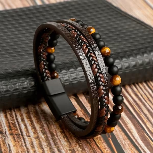 HERRLÄDERARMBAND MED PÄRLOR FLÄTAT LÄDER GÅVA TILL MÄN