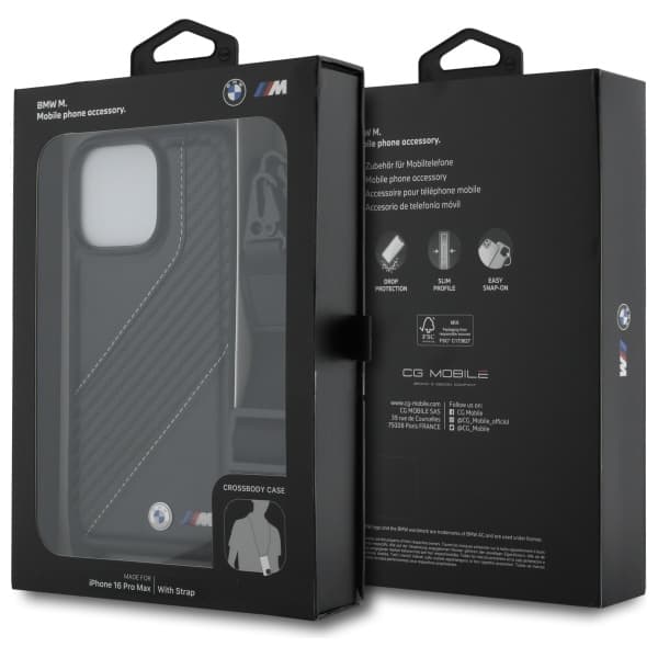 BMW M Edition Carbon Stripe & Strap -kotelo iPhone 16 Pro Maxille, musta