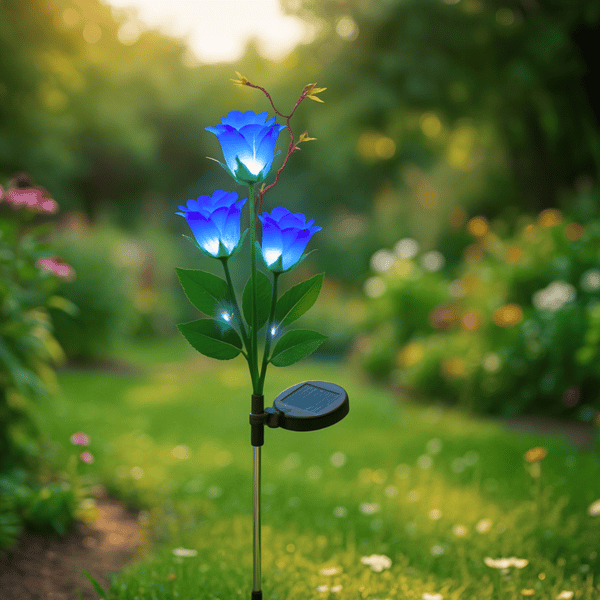 Solcelle LED-lampe blå rose 80 cm have 3 blomster IP65 tusmørkesensor dekorativ