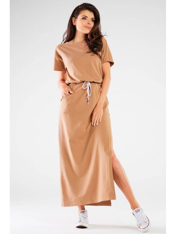 Bomulds maxikjole med kimono korte ærmer, beige S