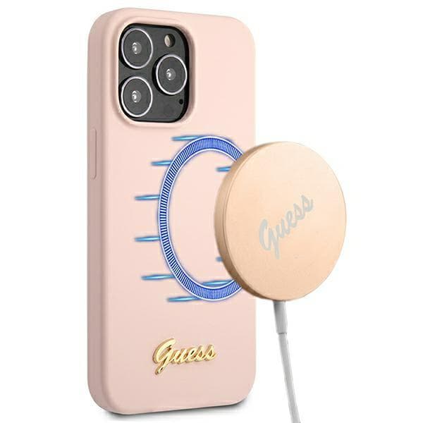 Guess Silikone Script Guld Logo MagSafe-etui til iPhone 13 Pro / 13, lyserød/lyserød
