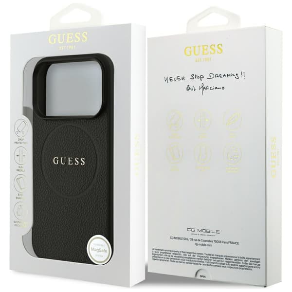 Guess Grained Ring MagSafe -suojakuori iPhone 17 Prolle, musta