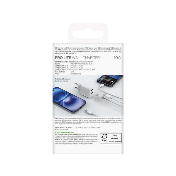 2x USB-A PROLITE 10W seinälaturi - valkoinen