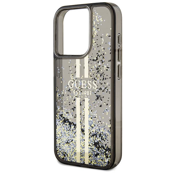 Guess Liquid Glitter Gold Stripes cover til iPhone 15 Pro, sort