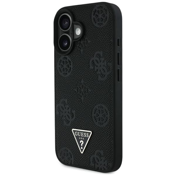 Guess Grained Hot Stamp Peony Pattern Triangle Logo MagSafe -kotelo iPhone 16:lle, musta