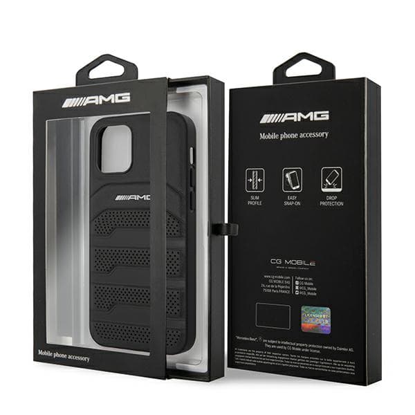 AMG lædercover med prægede linjer og sort logo til iPhone 12 mini, sort