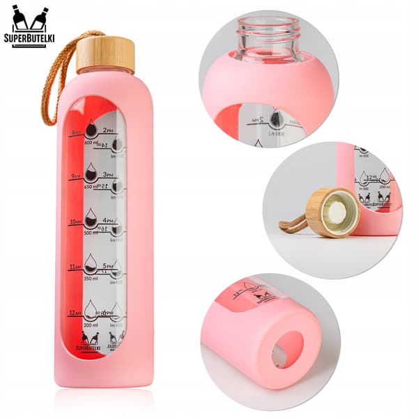 1000 ml glasvattenflaska med silikonfodral (rosa)
