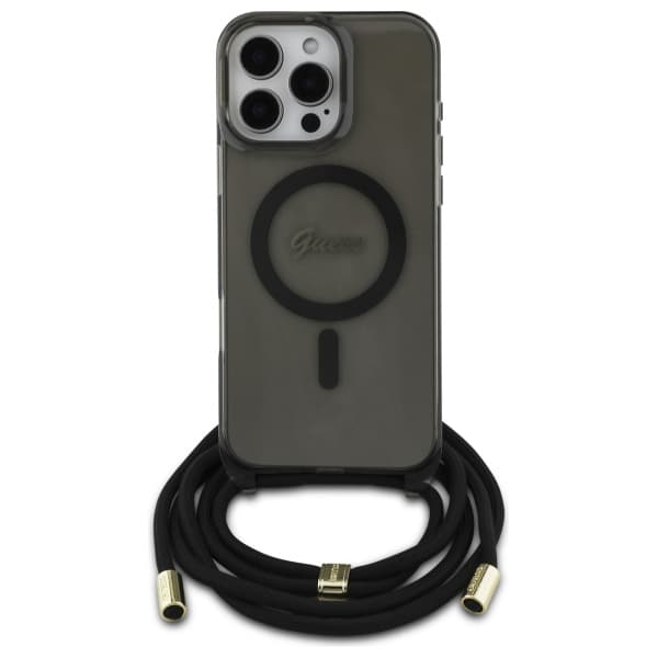 Guess Crossbody Cord Script MagSafe -kotelo iPhone 16 Pro Maxille, musta