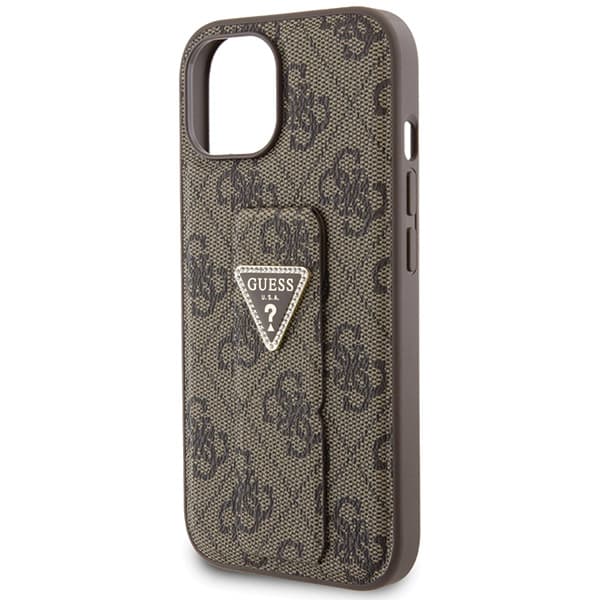 Guess Grip Stand 4G Triangle Strass-cover til iPhone 15, brun