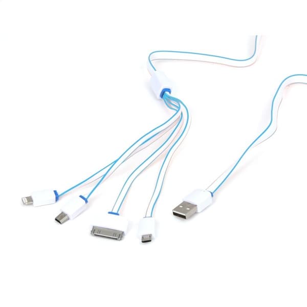 OMEGA HYDRA 4-I-1 MICRO USB + MINI USB + IPHONE4 + LIGHTNING USB KABEL HVID & BLÅ [42812]