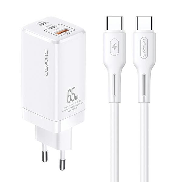 USAMS MT 2xUSB-C + USB GaN 65WT33 PD + USB-C-USB-C 100W snabbladdningskabel vit MTXLOGTC02