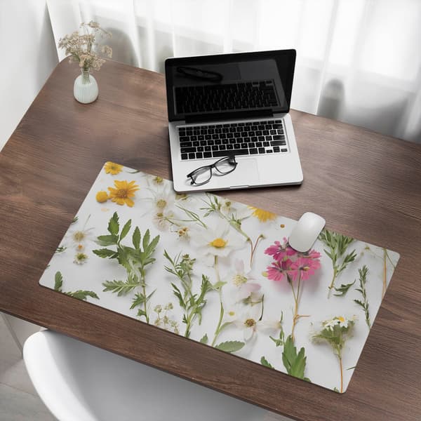 Antislip skrivebordsmatte med blomster og blade, grafik, 90x45 cm