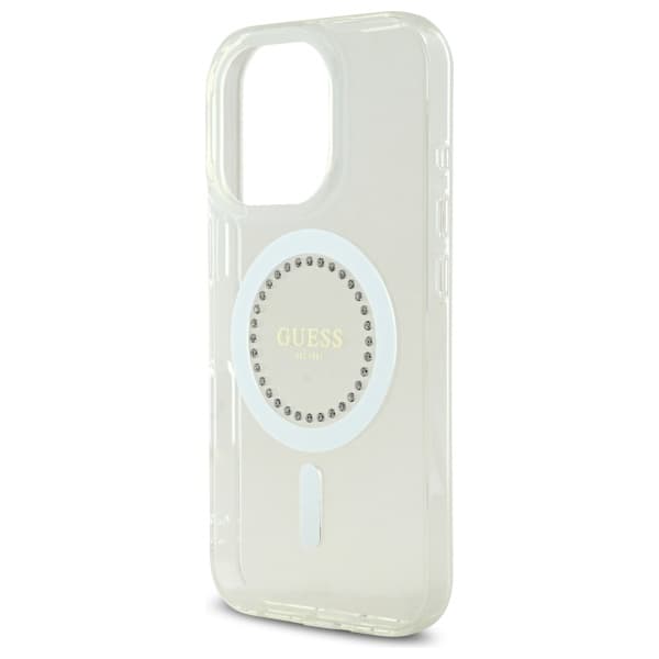Guess IML Rhinestones MagSafe-etui til iPhone 16 Pro, hvidt
