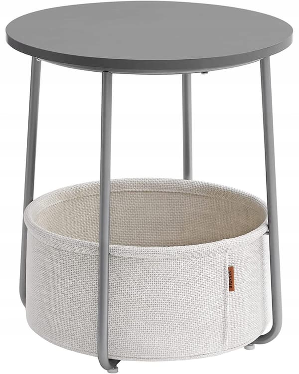 Runt soffbord, 45 cm, grått, med korg och stålram.