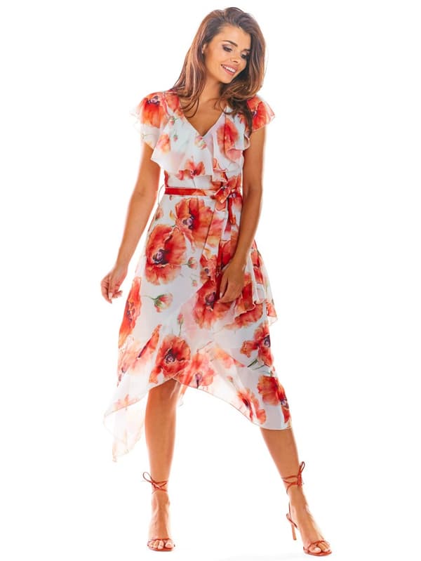 Asymmetrisk chiffon sommerkjole, røde valmuer M