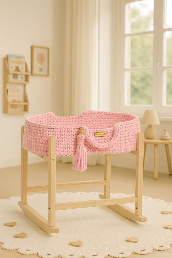 Moses Basket BOHO Bomullsdockbärare med Trävagga - Rosa