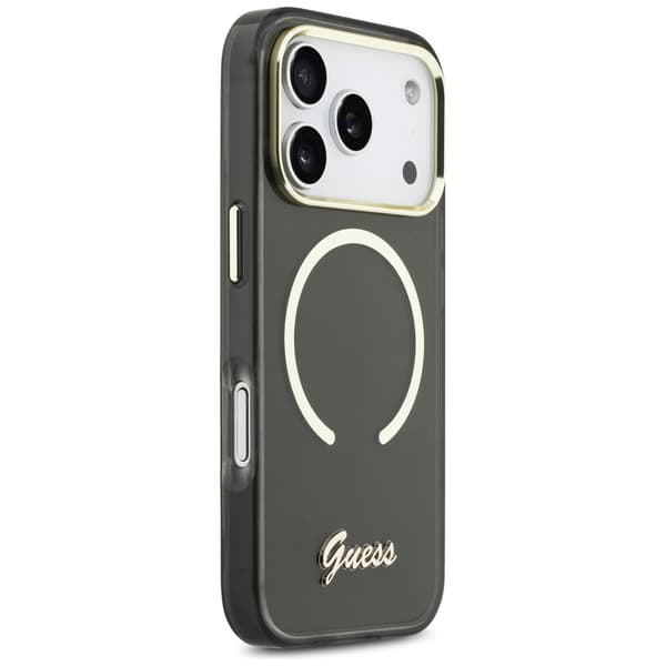 Guess IML Script Metallinen MagSafe-kotelo iPhone 17 Pro Maxille, musta