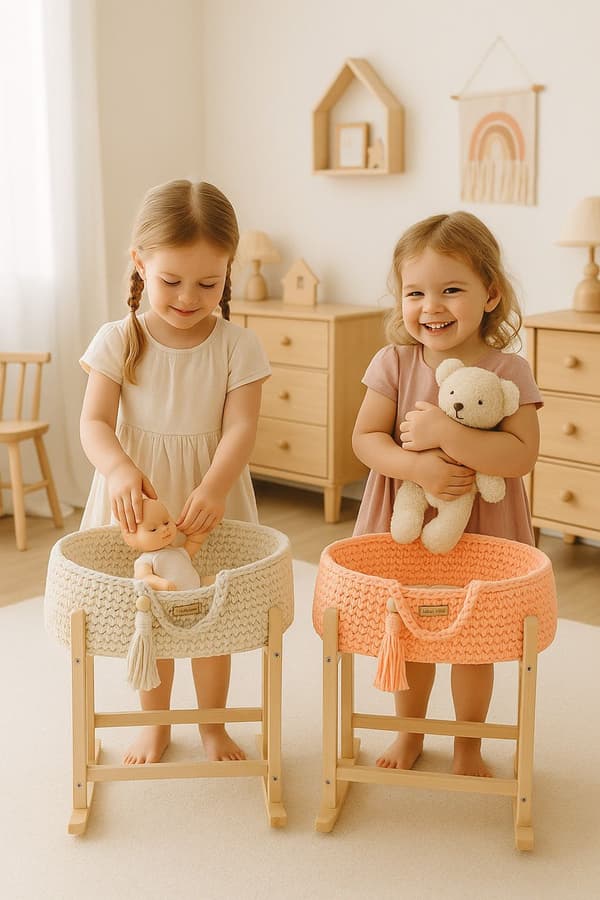 Moses Basket BOHO Bomullsdockbärare med Trävagga - Persika
