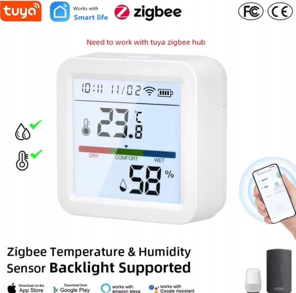TH05Z Tuya Zigbee temperatur- og fugtighedssensor, UR, LCD-display