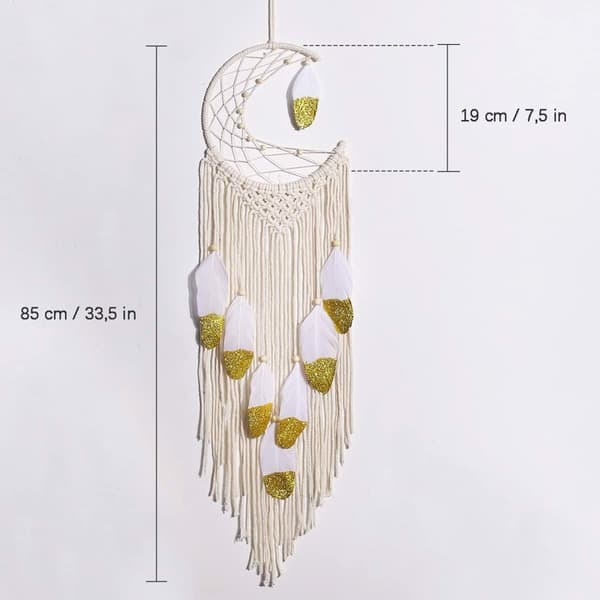 Makramé Drömfångare Boho Måne Guldfjädrar