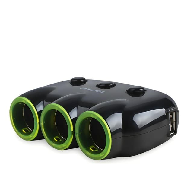 AWEI C-35 bilsplitter 3 cigarettænderstik 12V + 2 USB, sort splitter