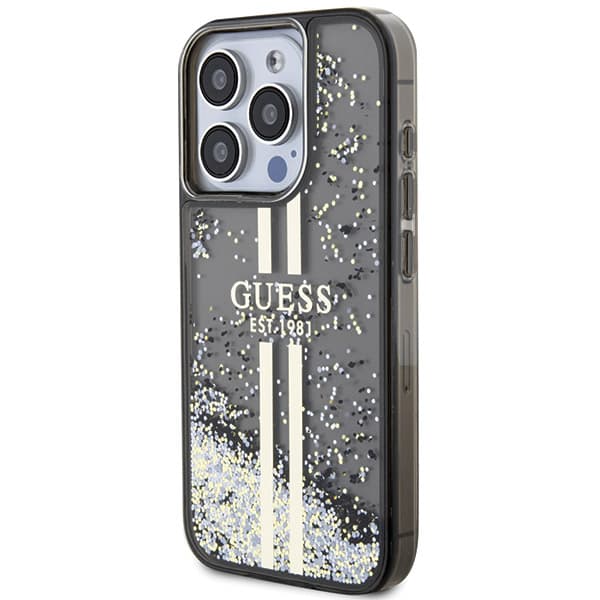 Guess Liquid Glitter Gold Stripes cover til iPhone 15 Pro, sort