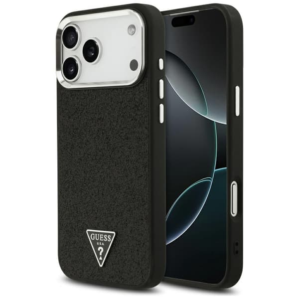 Guess Glitter Triangle Logo MagSafe -kotelo iPhone 17 Pro Maxille, musta