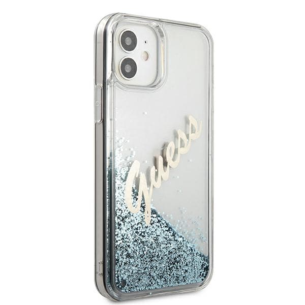 Guess Glitter Vintage Script-skal till iPhone 12 mini, Blå
