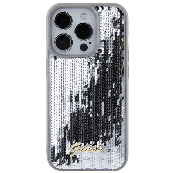 Guess Sequin Script Metal -suojakuori iPhone 15 Pro Maxille, hopea/hopea