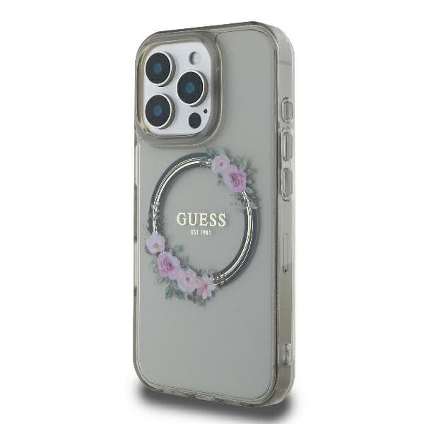 Guess IML Flowers Wreath MagSafe-etui til iPhone 16 Pro, sort/sort