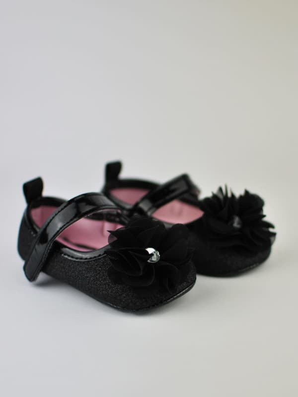 SKO SORTE GLITTER MED BLOMSTER ELEGANT 6/12 Y858Y
