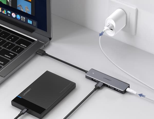 HUB USB Port Splitter - 4x USB 3.2 med Micro USB Strømport Grå