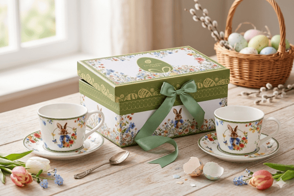 Set med porslinskoppar 2x120ml påskhare presentask