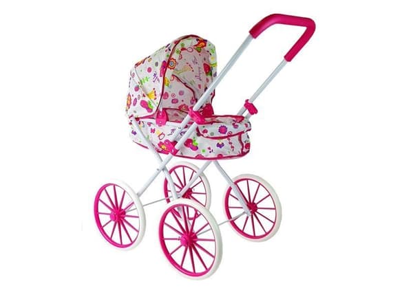 Djup retro dockvagn med stora blommiga hjul