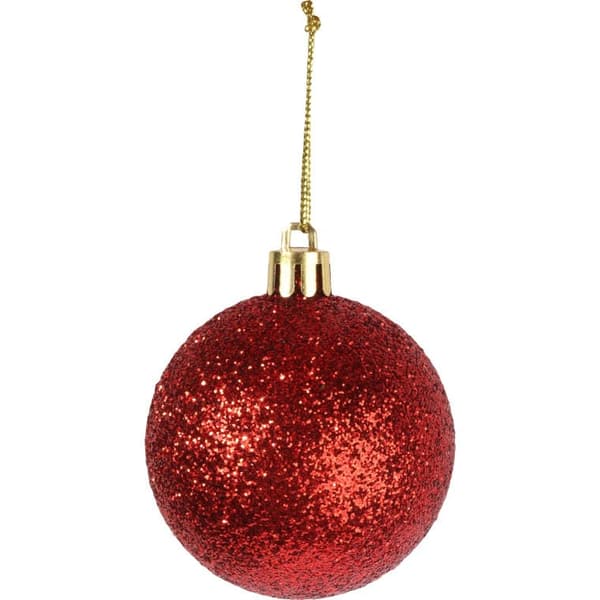 Röda julekugler - sæt med 10 i rør, plast med glitter, mat og blank