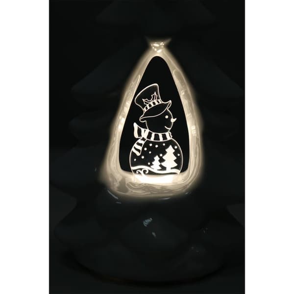 Keramisk julgran med LED-belyst snögubbe, vit, 15 cm.