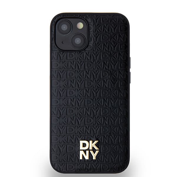 DKNY Lædermonogrammønster Metal Logo MagSafe-etui til iPhone 14, Sort