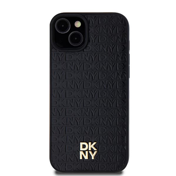 DKNY Lædermonogrammønster Metal Logo MagSafe-etui til iPhone 15 Plus, Sort