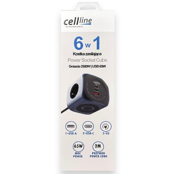 Cellline Virtapistoke Kuutio 6-in-1 2500W USB/2xUSB-C 65W Sininen