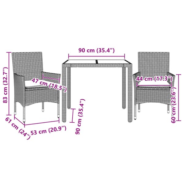 vidaXL havemøbelsæt med 3 dele og hynder, sort, polyrattan