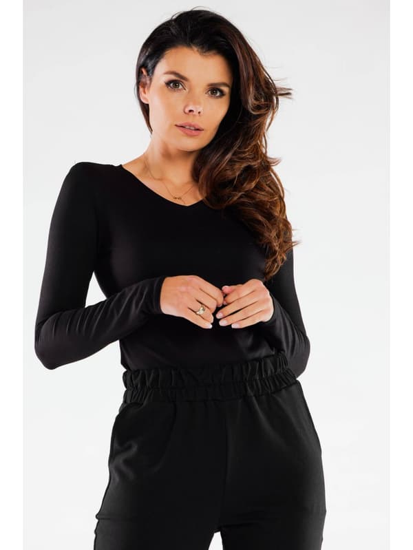 Basis bomuldsbluse med V-hals, sort L