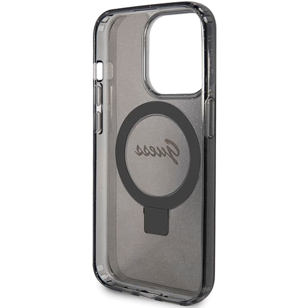 Guess Ring Stand Script Glitter MagSafe -kotelo iPhone 15 Pro Maxille, musta
